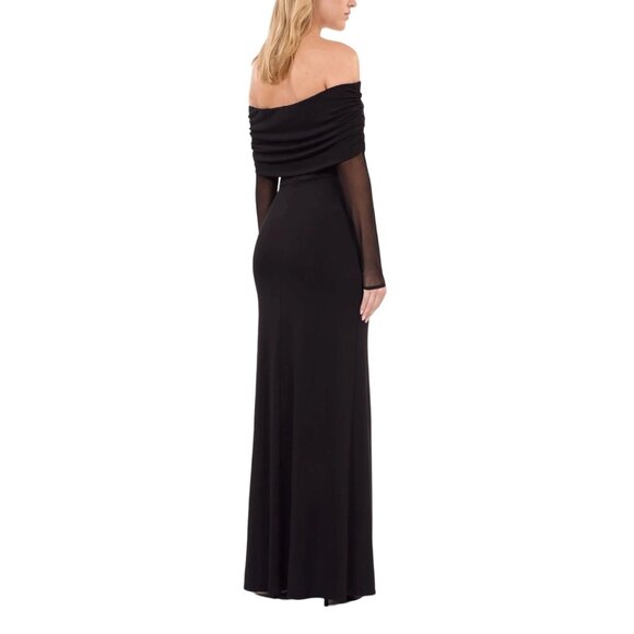 NWT The Kooples‎ Black Long Bardot Jersey Dress Tulle Sleeves Side Slit US 8 - Picture 2 of 13